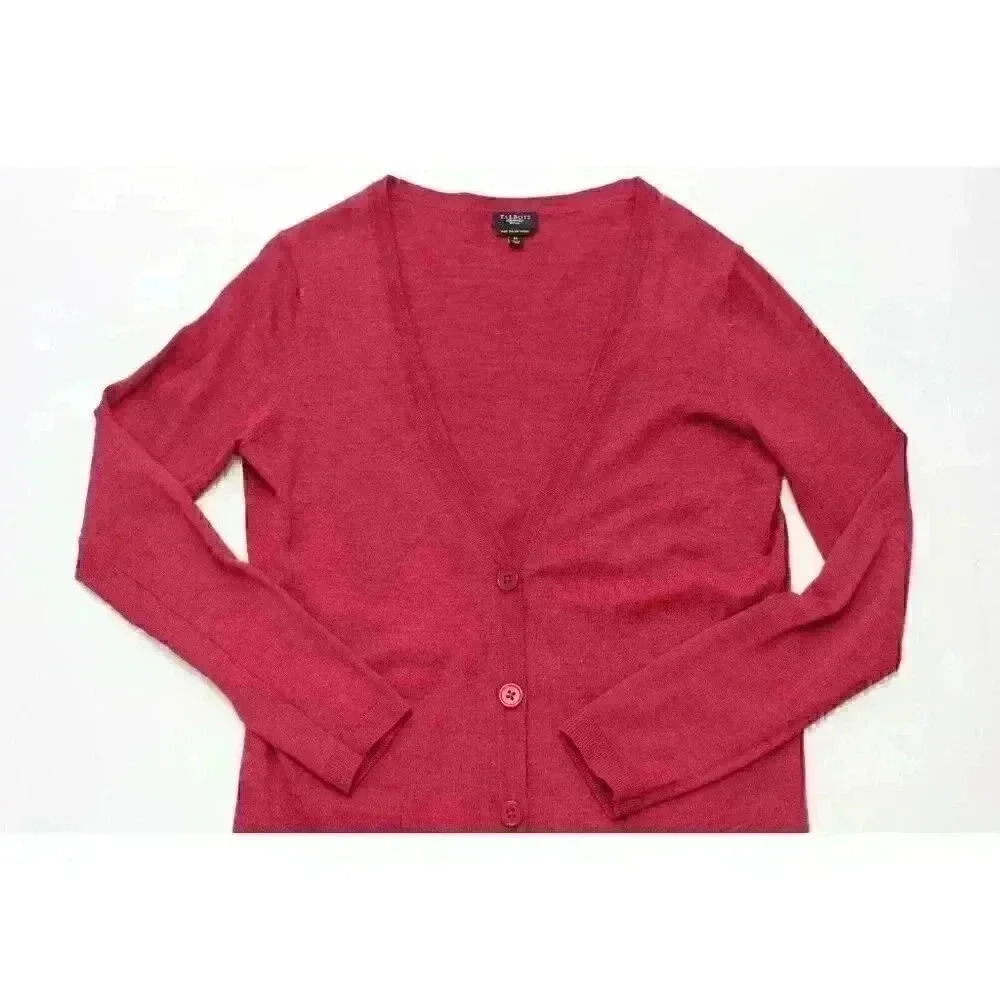 Talbots Womens Petite M Pure Italian Merino Wool Maroon Burgundy V-Neck Cardigan - Picture 2 of 8